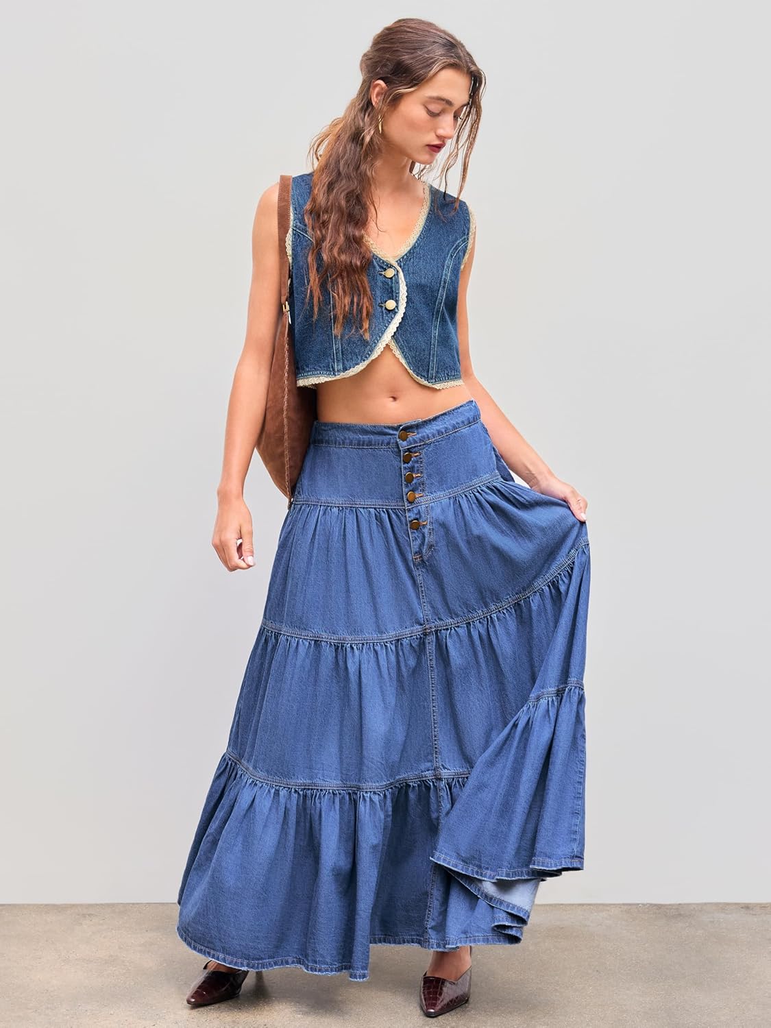 Long Jean Denim Tiered Button Down High Waisted Ma