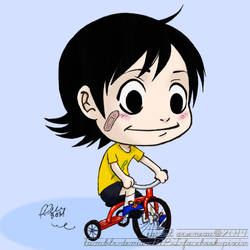 kid midousuji on a three wheeled bike