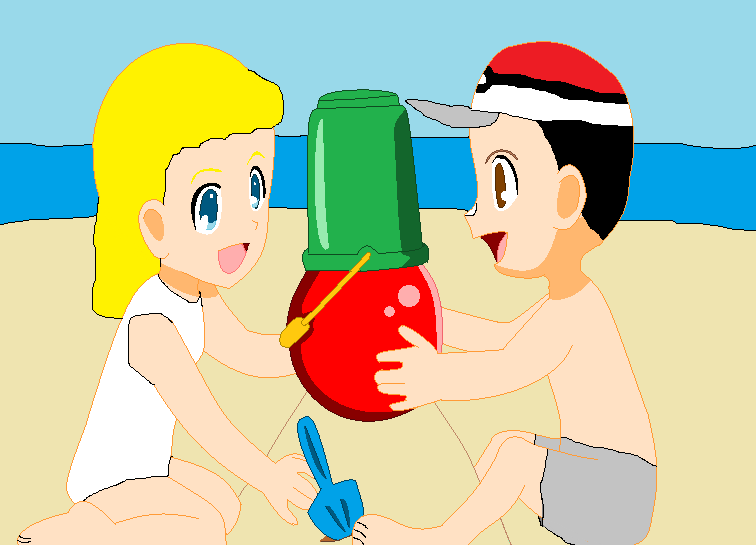 Freddy and Sarah Making a Sand Castle