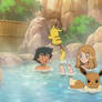Ash, Serena, Pikachu and Eevee at a spring