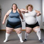 Two fat women clinching in heavy, white socks