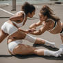 Two women wrestling on the ground wearing white sl