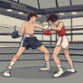 A boy and girl fist fighting in a boxing ring dres