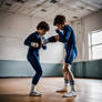 Boy and girl wrestling in an empty room wearing gy