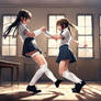 Two girls fighting in an empty room wearing heavy,