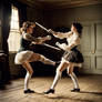 Two Victorian era women fighting a duel wearing sh