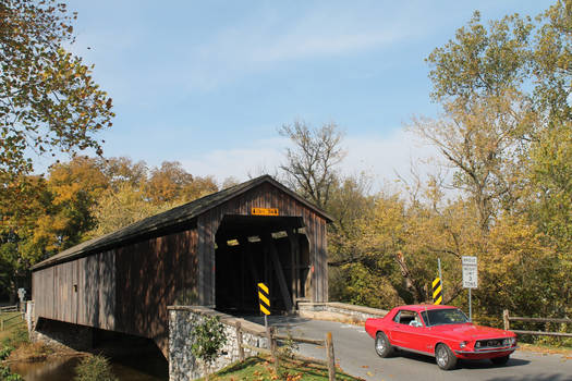 Covered Bridge And A Classic Mustang