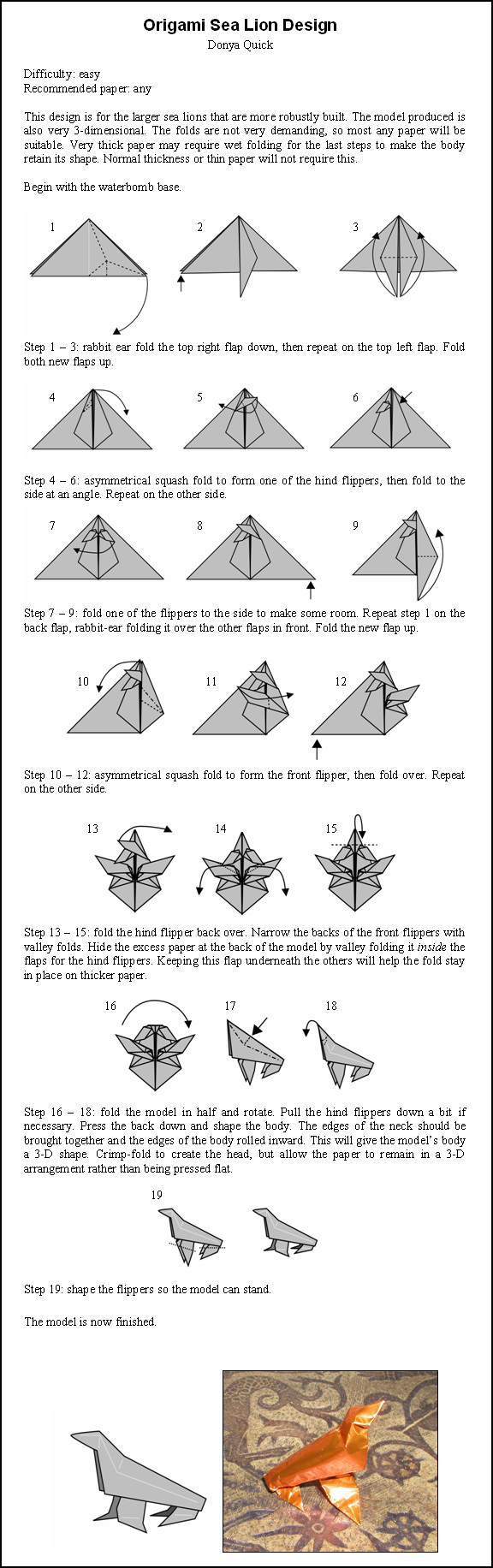 Origami Sea Lion Instructions