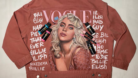 Billie Eilish painted on pink denim jacket 