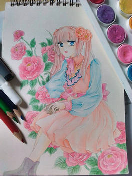 [Watercolor] Girl and flowers