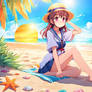 Cute Anime Girl Sit On The Beach Under The Sun