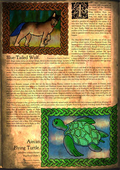 Bestiary page: Blue-Tailed Wolf and Flying Turtle