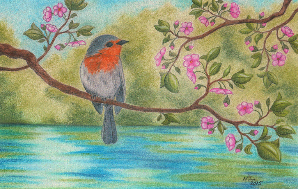 Little Bird And Pink Flowers