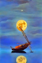 Moon and Boat in Lake 