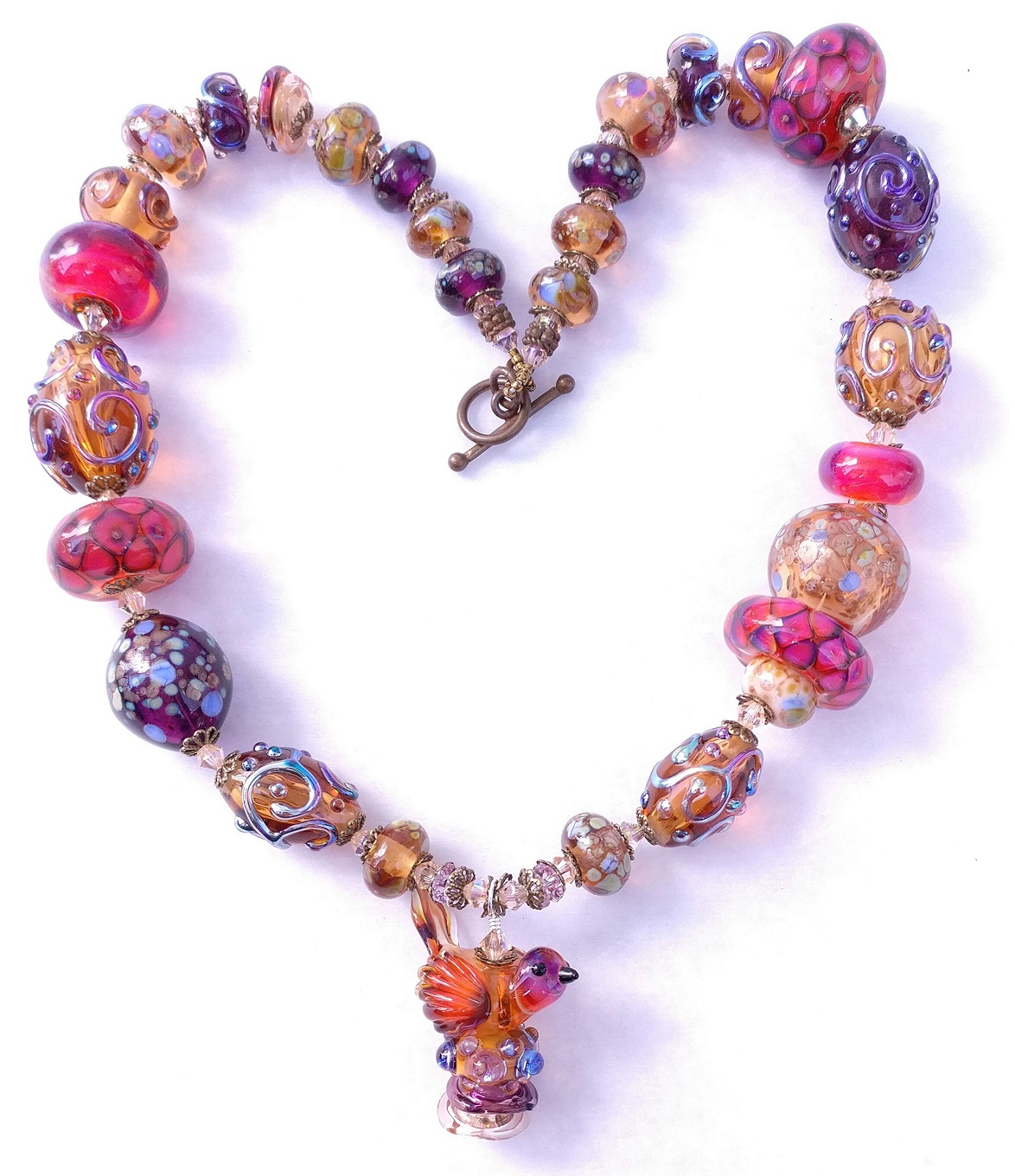 Peachy Bird with Bubble Nest Lampwork Necklace