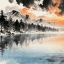 Traditional ink art, snowy lake 2