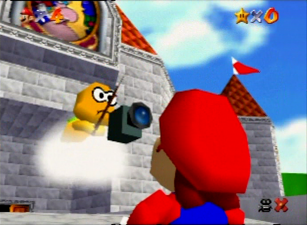 an image of mario being filmed by a cloud creature holding a camera on the end of a fishing rod