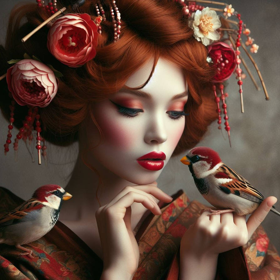 stunning geisha and the bird AI by Phlogiston2 on DeviantArt