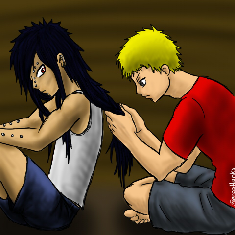 Laxus braiding Gajeel's hair