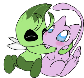 Celebi hugging Mew