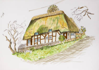Watercolor painting of an English cottage thatched