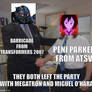 Barricade and Peni Parker left the party