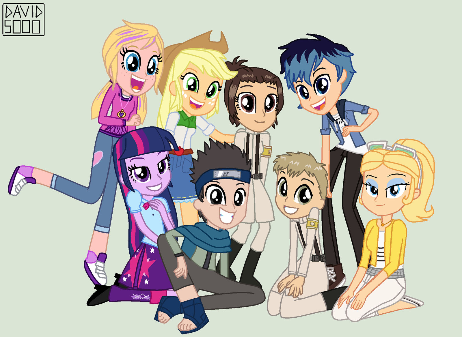 3011181 - safe, artist:carolinajt, human, equestria girls, alphabet lore,  collar, crossover, duo, duo male, equestria girls-ified, f, gradient  background, headband, humanized, looking at each other, looking at someone,  male, ninja, species swap