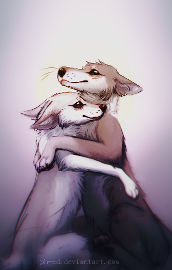 two dogs, hugging
