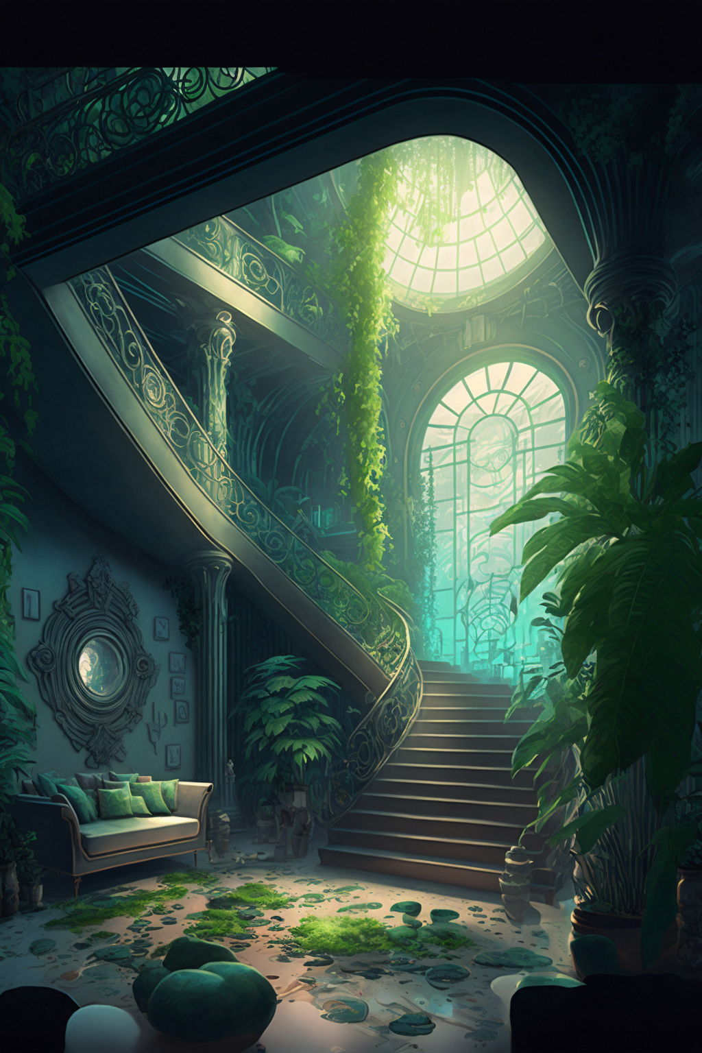 solarpunk,city, green,plants, buildings,art nouveau, concept art 