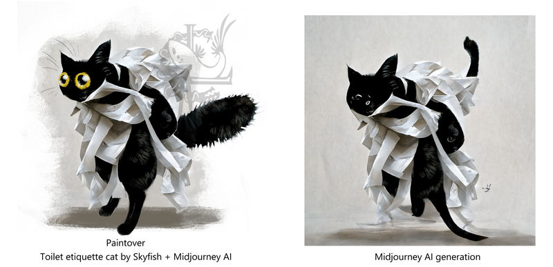 digital painting of a cat wrapped in toilet paper, collaboration between human and AI