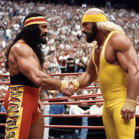 Pro-wrestlers Hulk Hogan and Randy Savage are shak