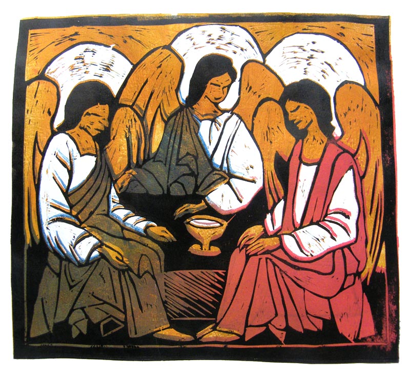 3 angels - color linocut