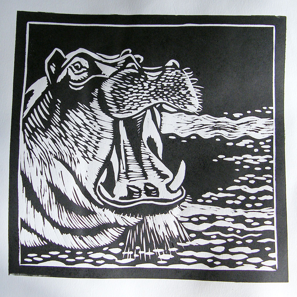 Linoryt Marzec14 Hipopotam - linocut