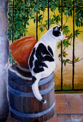 Patryk cat on a barrel - oil painting