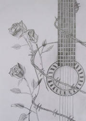 Guitar, roses and barbed wire