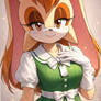 Vanilla the Rabbit wearing a green dress