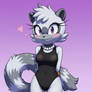 Tangle the Lemur wearing a black swimsuit