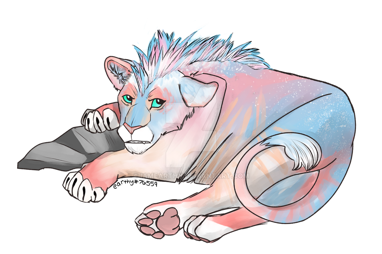 A fullbody painting of a snarky pink and blue lion