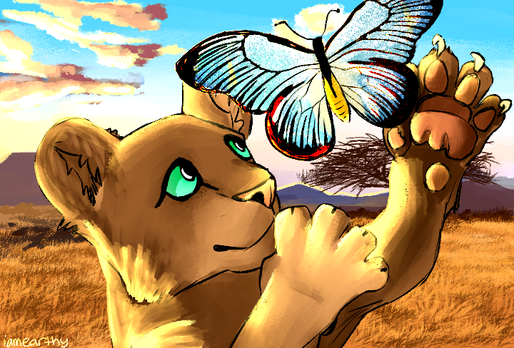 A painting of a cub swiping his paws at a giant blue butterfly. The background is a painting of the African Savannah