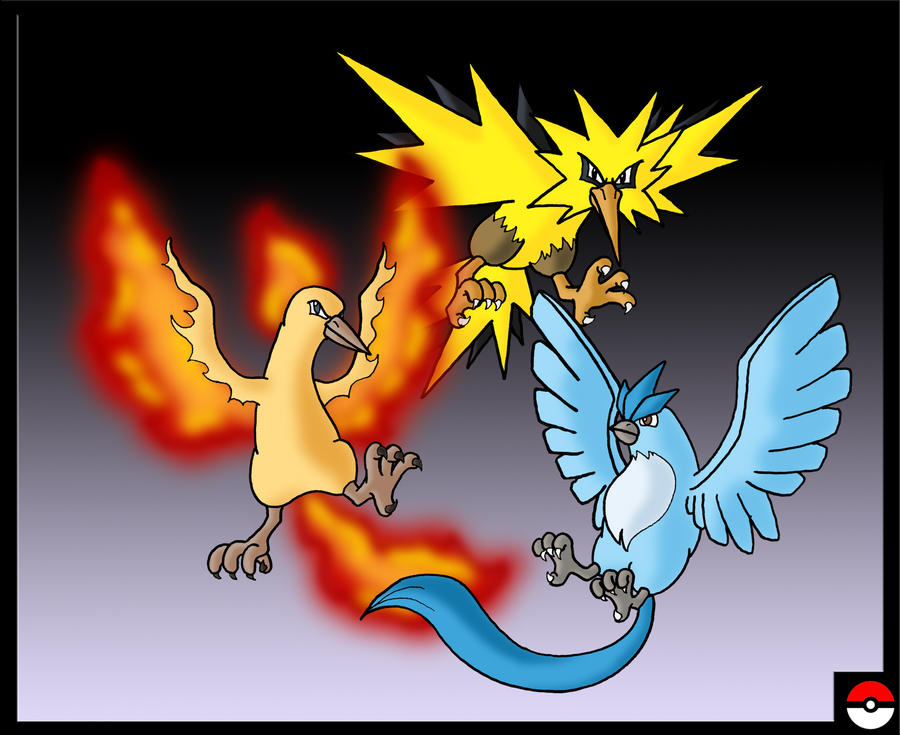 articuno, zapdos, moltres, spark, candela, and 1 more (pokemon and 1 more)  drawn by kelvin-trainerk