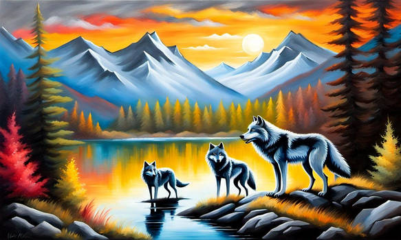 Oil Painting Three Wolves