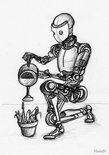 Robot watering a plant