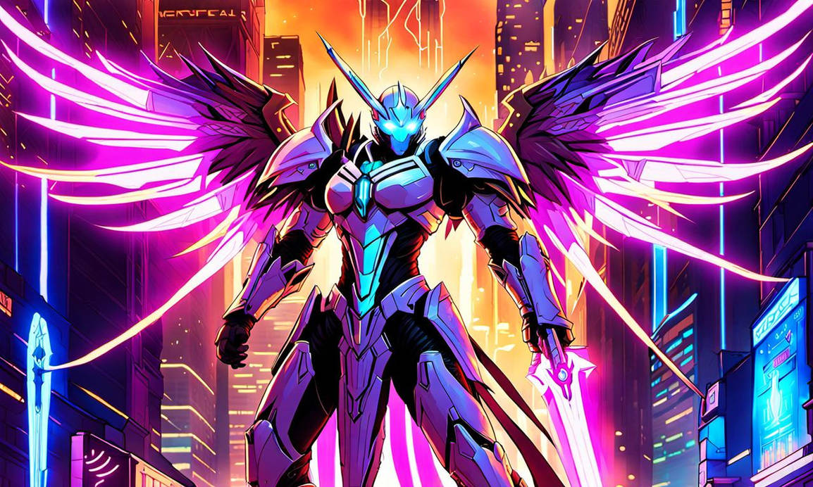 In a cyberpunk universe, Tyrael, now a neon-winged
