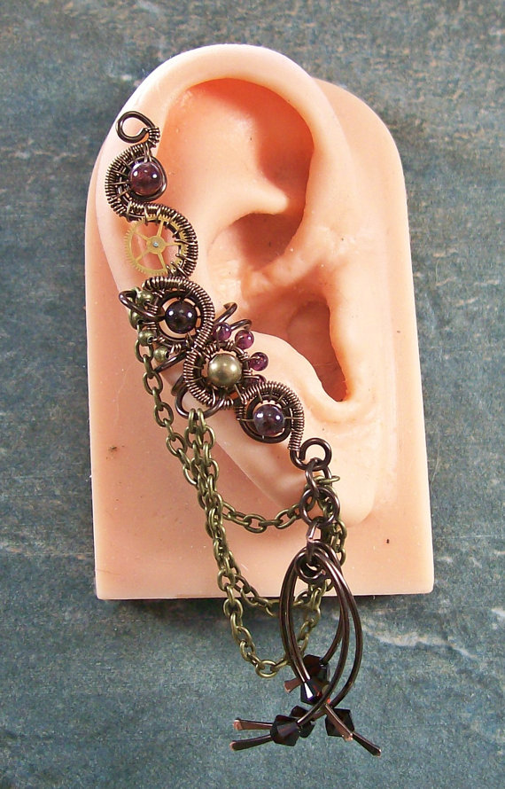 Gemstone and Crystal Bronze Steampunk Ear Cuff