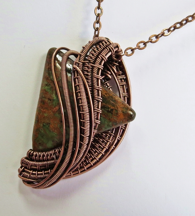 African Green Opal + Copper Wavy Triangle Pendant