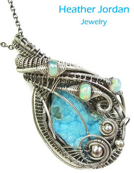 Blue Hemimorphite Druzy Pendant Wire-Wrapped in SS