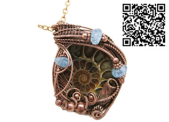 Ammonite Fossil Pendant with Aquamarine, Bronze Wi