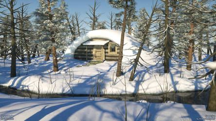 Winter forest hut