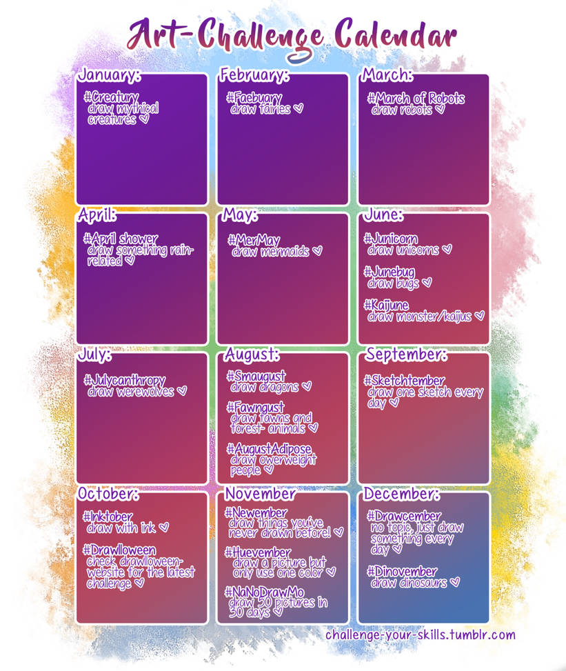 Monthly Calender Drawing Prompts / Themes by LuckyLadyXandra on DeviantArt