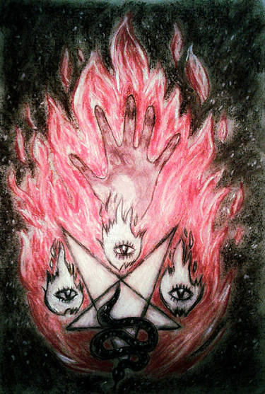 The three eyes are the sigil of Lucifer. Painting